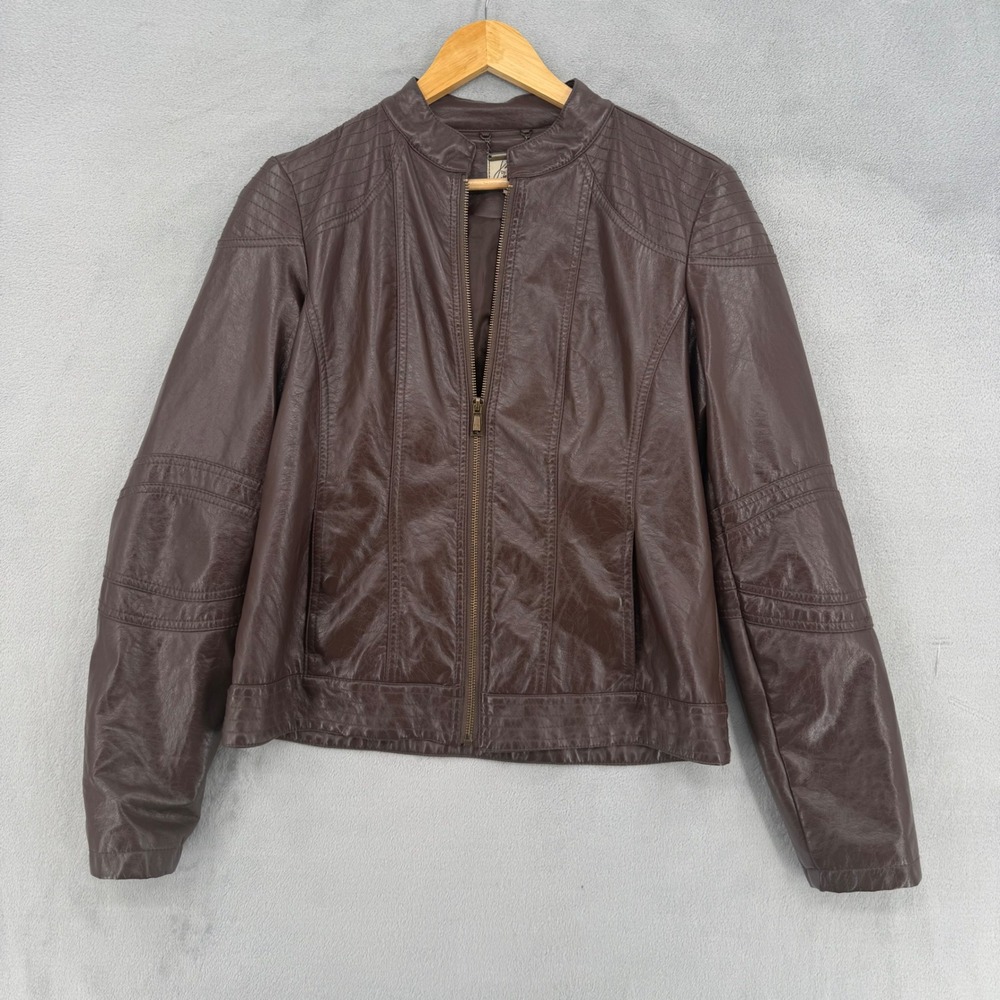 J2 by JouJou Moto Biker Jacket Womens Small Brown Faux LeatherStand Collar Zip